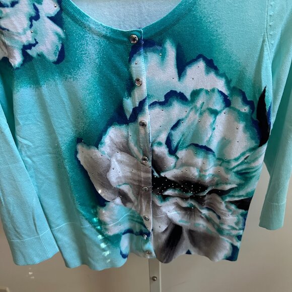 White House Black Market Turquoise Floral Jewel Snap Front Button Cardigan Sz S - Picture 3 of 6